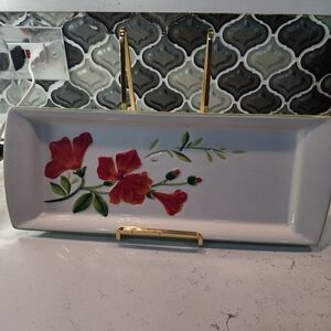 Garden Bouquet Floral Ceramic Tray with Red Flowers